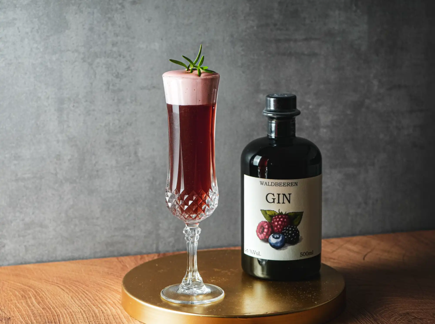 Ein Bild des Berry Lights Cocktails mit myBars Waldbeeren Gin.